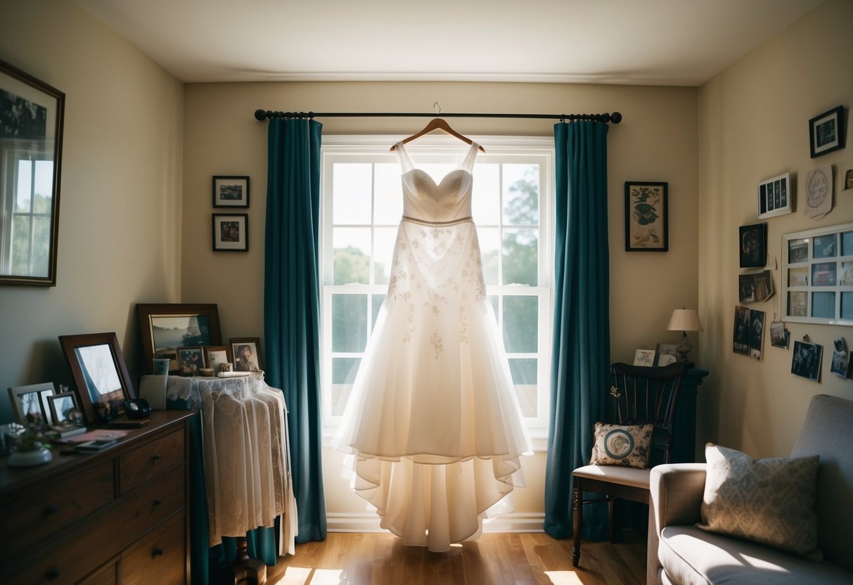 A wedding dress hanging in a sunlit room, surrounded by sentimental items and memories