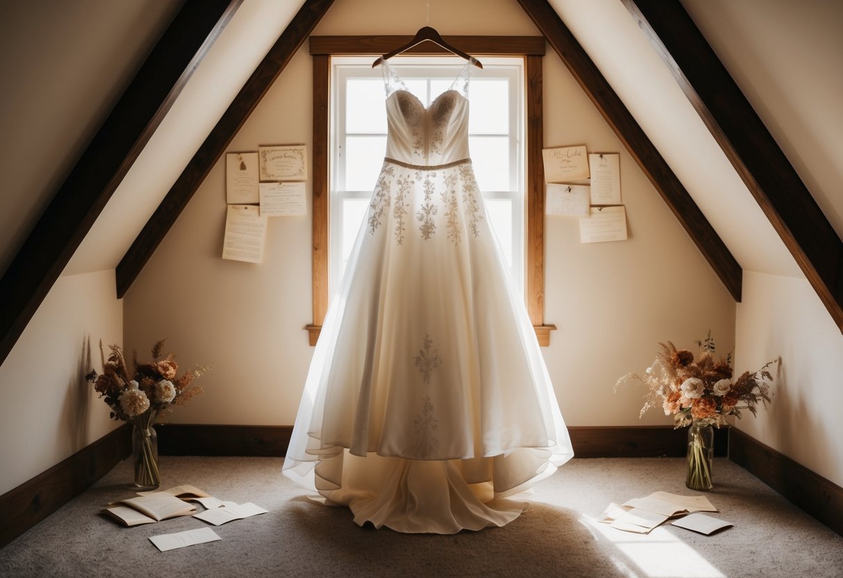 A wedding dress hanging in a sunlit attic, surrounded by old love letters and dried flowers, evoking memories of a joyous celebration