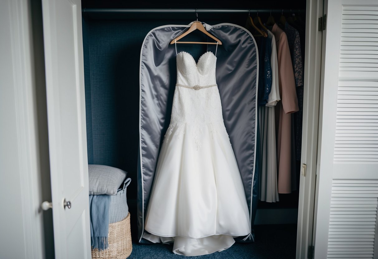 A wedding dress stored in a protective garment bag hanging in a cool, dark, and dry closet