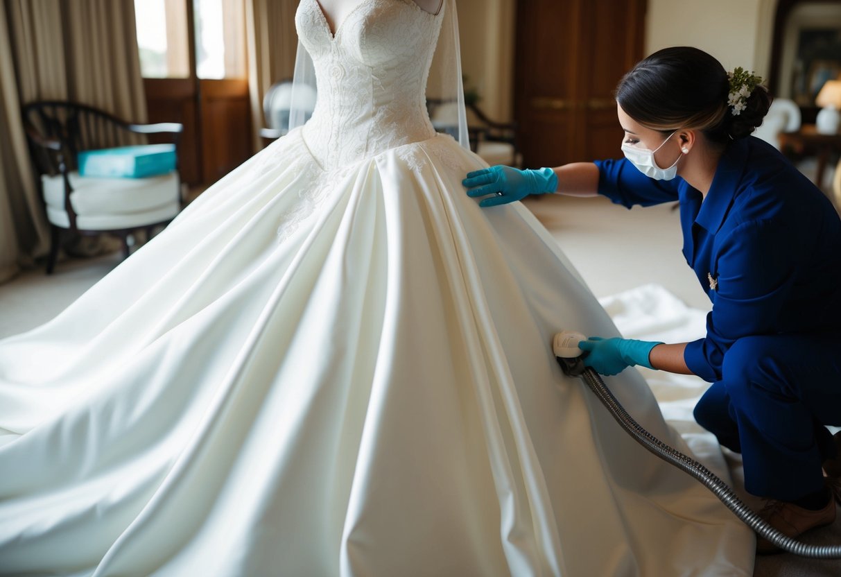 A pristine white wedding dress being carefully cleaned and restored by a professional using specialized techniques