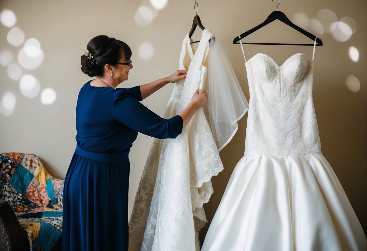A wedding dress being transformed into a new garment or repurposed into something entirely different, such as a quilt or decorative wall hanging