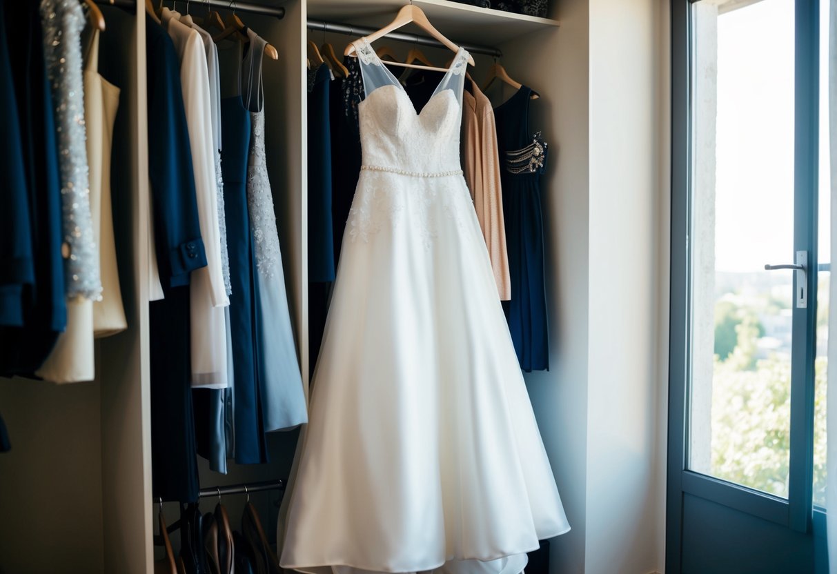 A wedding dress hanging in a closet, surrounded by other clothing and accessories. The dress is illuminated by soft natural light streaming in from a nearby window