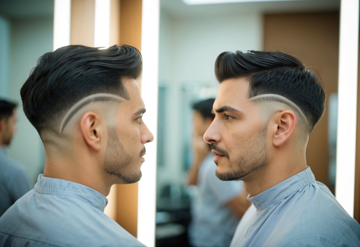 A man stands facing a mirror, experimenting with different side parts in his hair