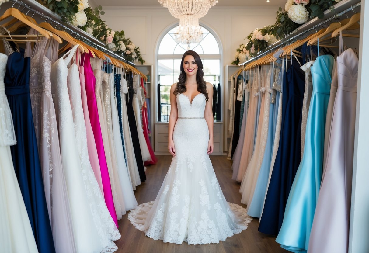 A bride standing in a bridal boutique, surrounded by racks of wedding dresses in various styles and price ranges