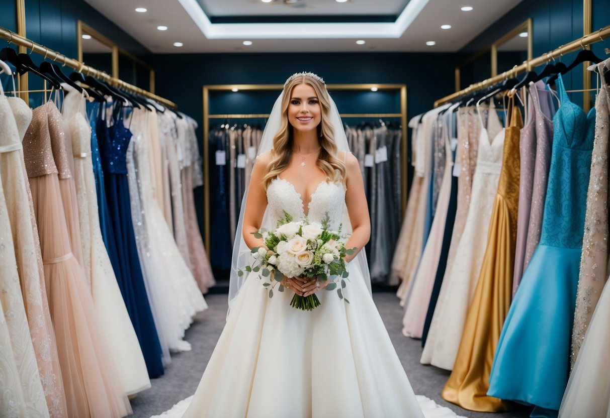 A bride standing in a luxurious bridal boutique, surrounded by racks of elegant wedding dresses in various styles and designs