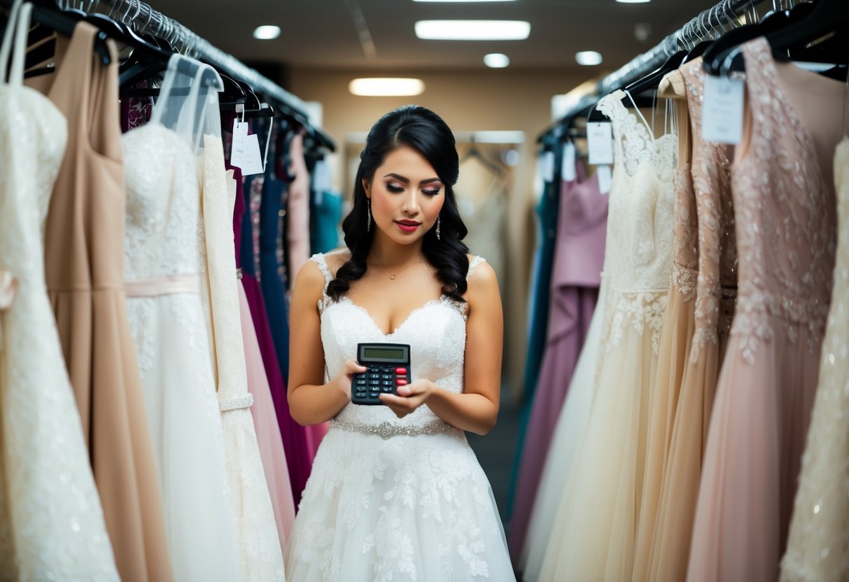 A bride-to-be surrounded by racks of wedding dresses, holding a calculator and looking at price tags with a concerned expression