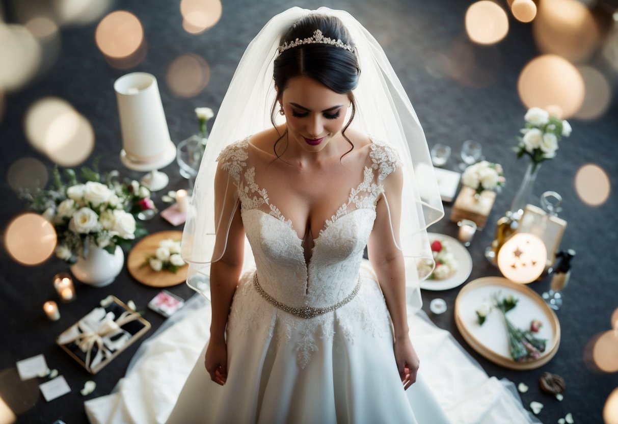 A bride stands surrounded by various wedding-related items, with a dress taking up a significant portion of the scene