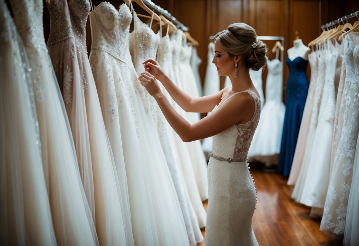 A bride standing in front of a row of wedding dresses, carefully examining the intricate details and elegant designs