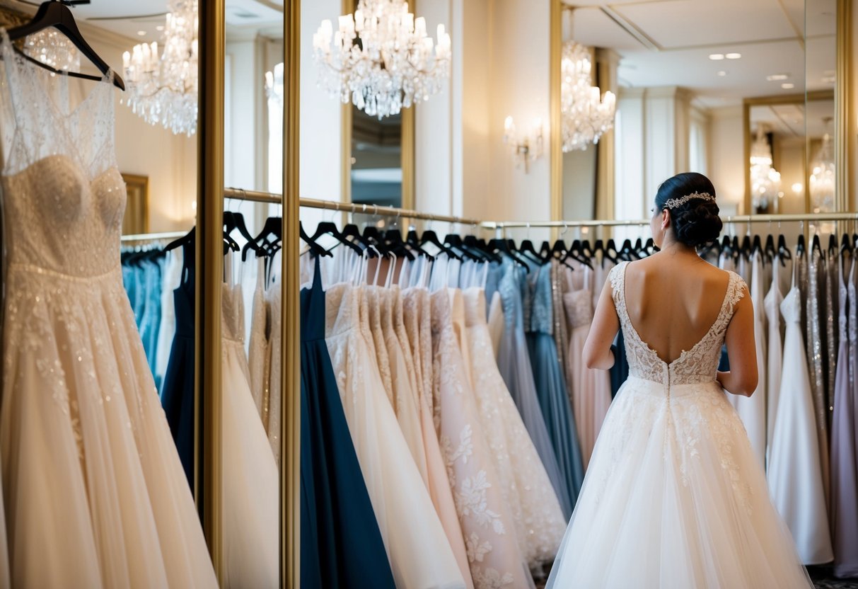 A bride-to-be browsing through racks of wedding dresses in a luxurious boutique, surrounded by elegant gowns and mirrors