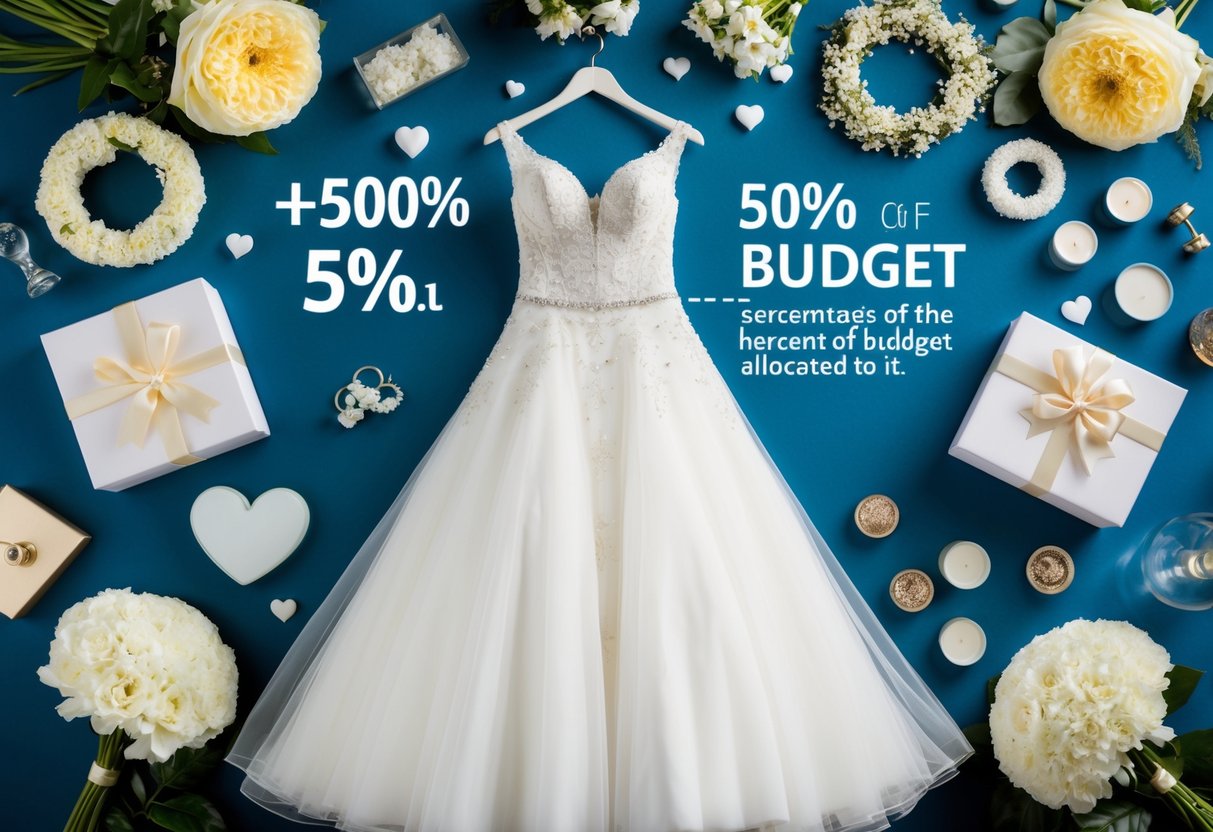 A bride's dress surrounded by various wedding elements, with a clear focus on the dress, representing the percentage of the budget allocated to it