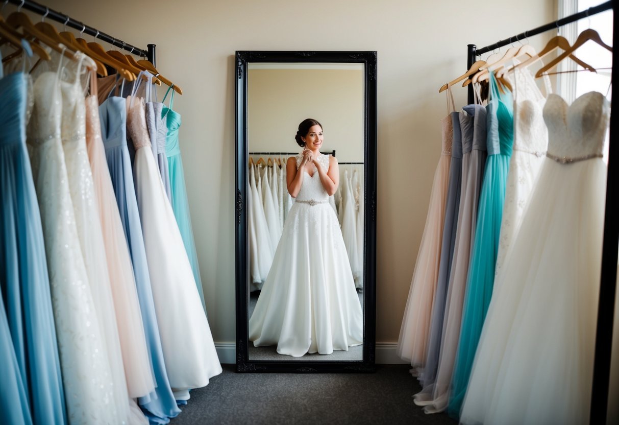 A bride standing in front of a full-length mirror, surrounded by racks of wedding dresses, with a thoughtful expression as she considers her options