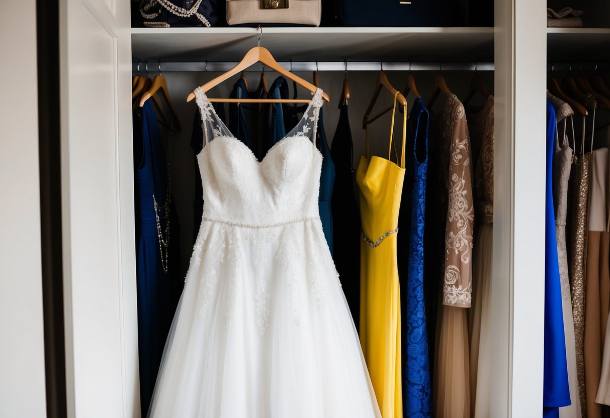 A wedding dress hanging in a closet, surrounded by other garments and accessories