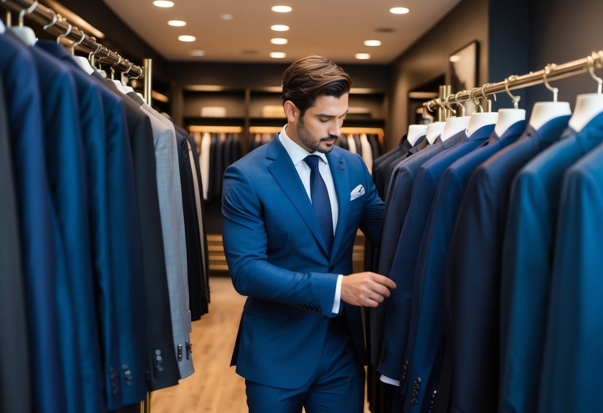 A well-dressed man browsing through a rack of finely tailored suits in a high-end men's clothing store