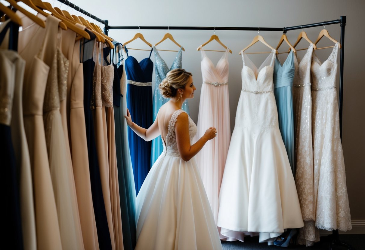 A bride standing in front of a rack of wedding dresses, contemplating a dress change for her wedding
