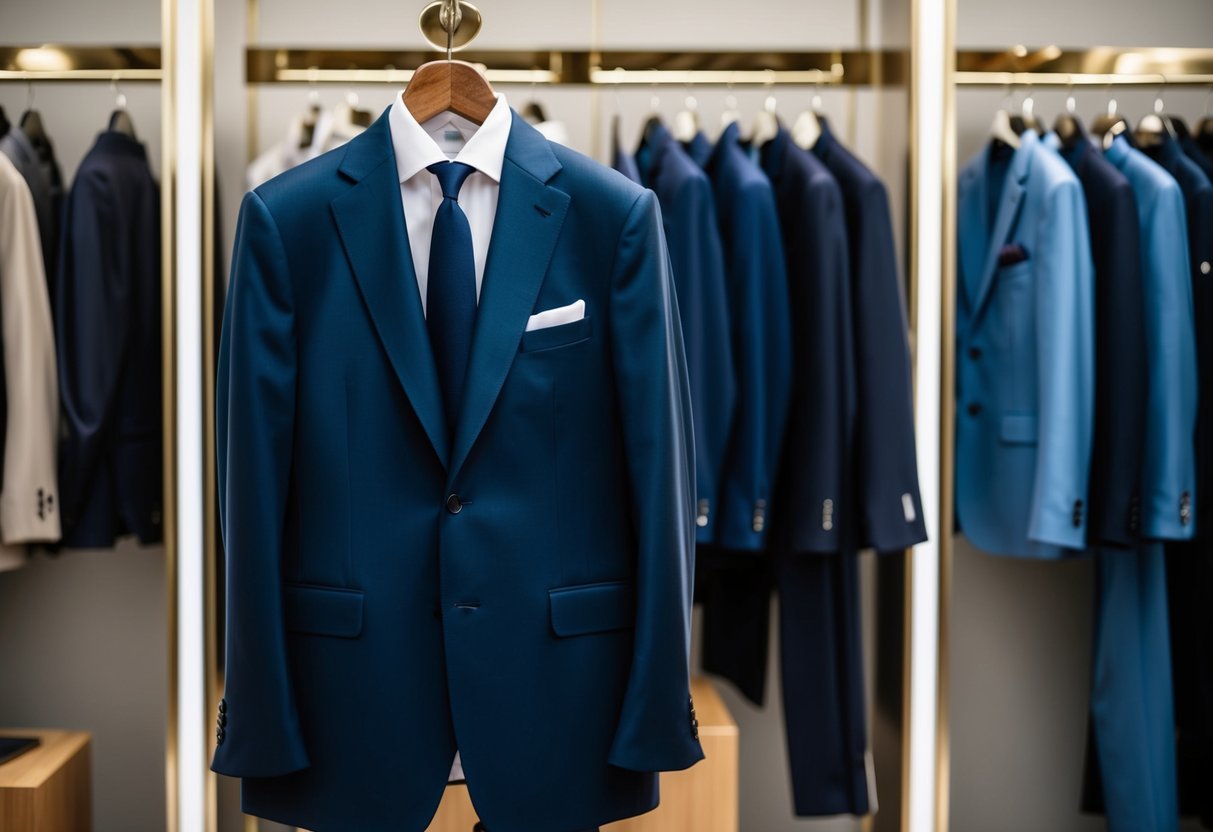 A well-tailored suit hanging on a sleek wooden hanger, surrounded by other high-quality menswear options in a sophisticated boutique setting