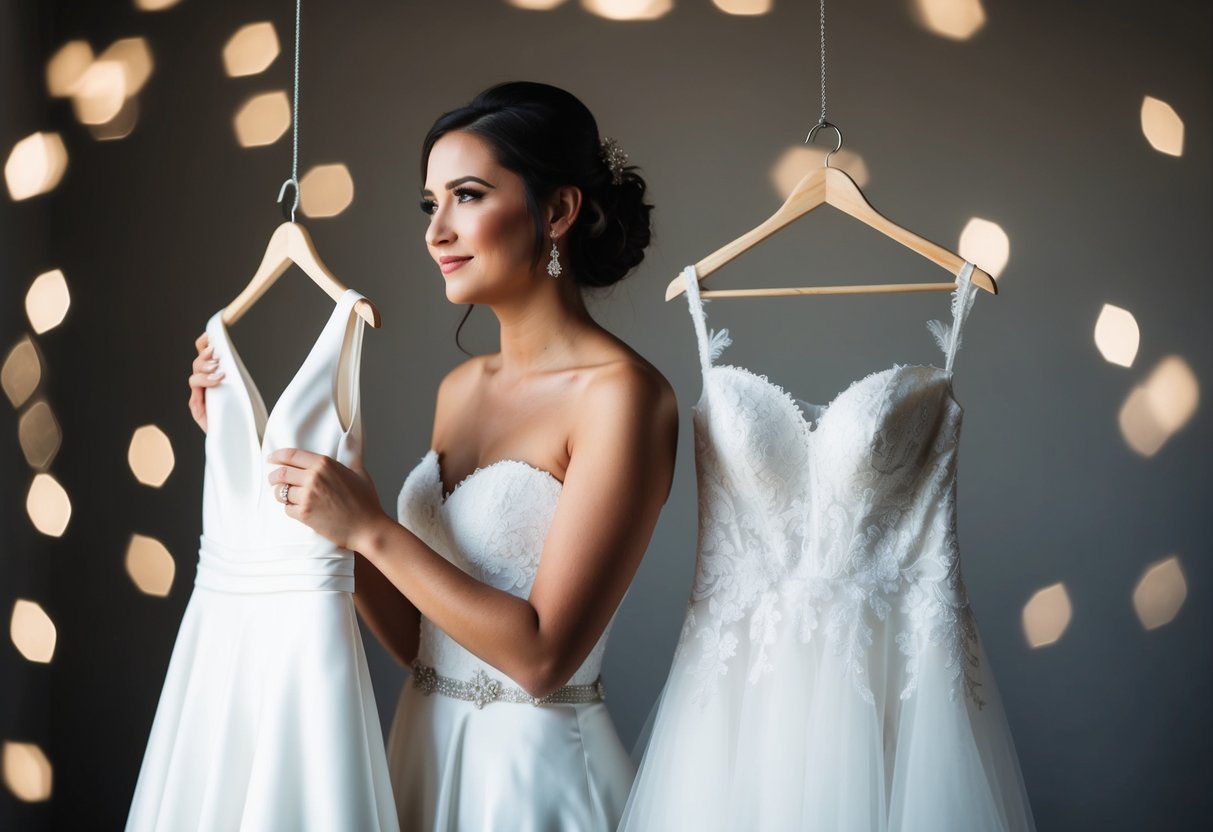 A bride holding two different wedding dresses, one traditional and the other modern, with a thoughtful expression on her face