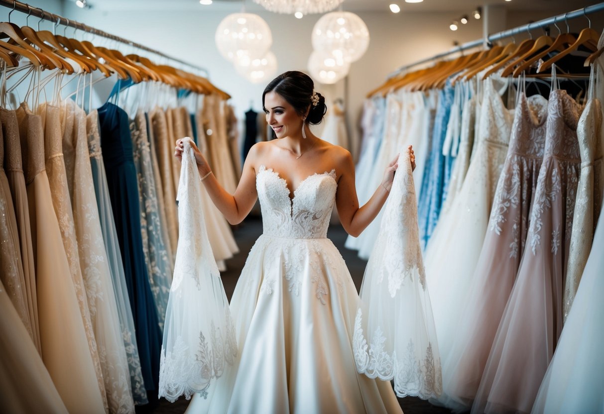 A bride stands in a bridal boutique, surrounded by racks of wedding dresses. She holds two gowns, comparing their intricate lace and flowing silhouettes