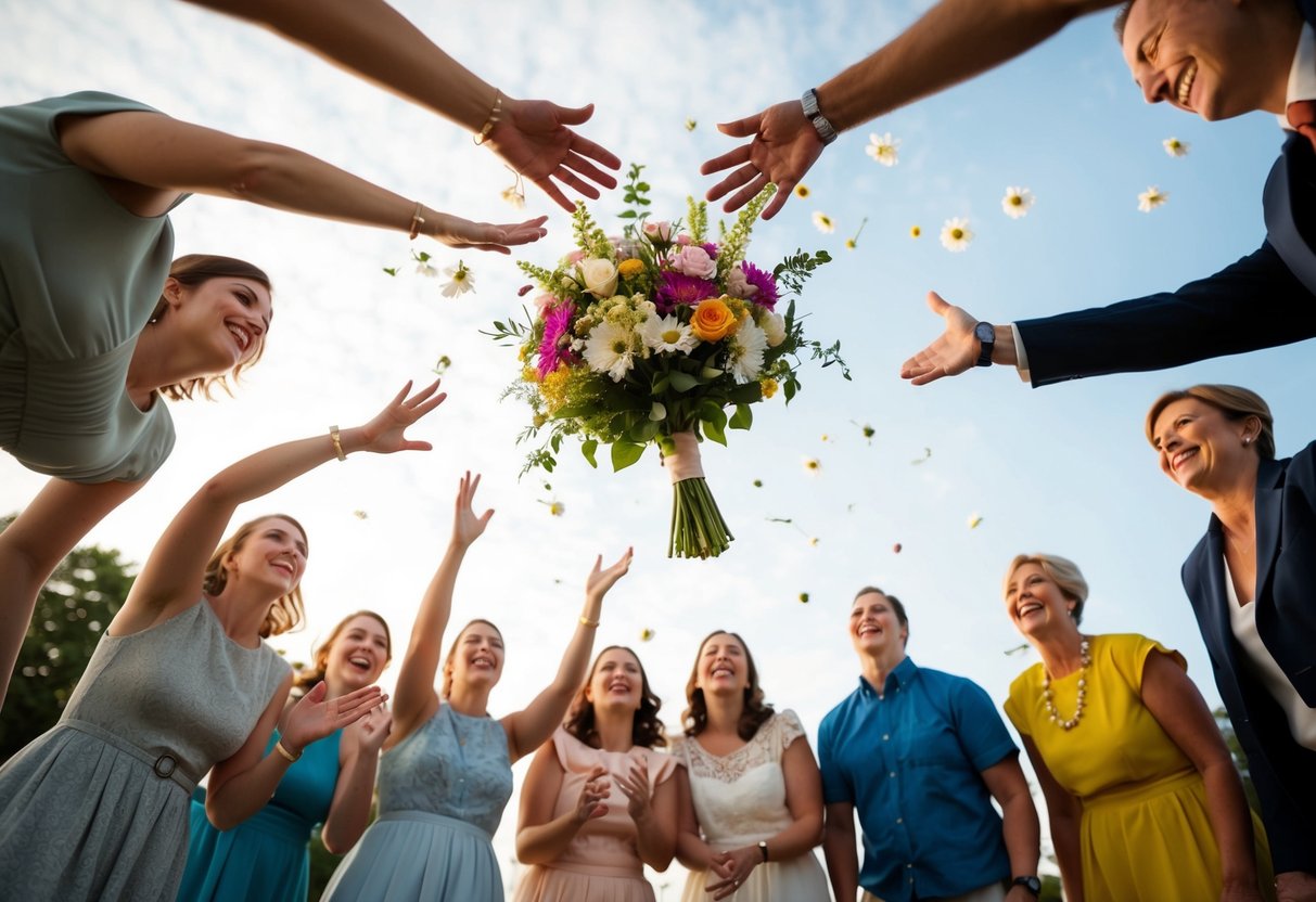 A bouquet of flowers is tossed into the air, surrounded by a circle of joyful onlookers