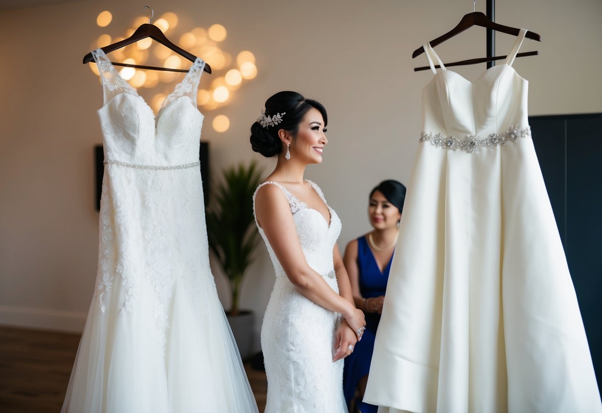 A bride stands between two wedding dresses, one traditional and one modern, as she considers logistics and budget for her big day