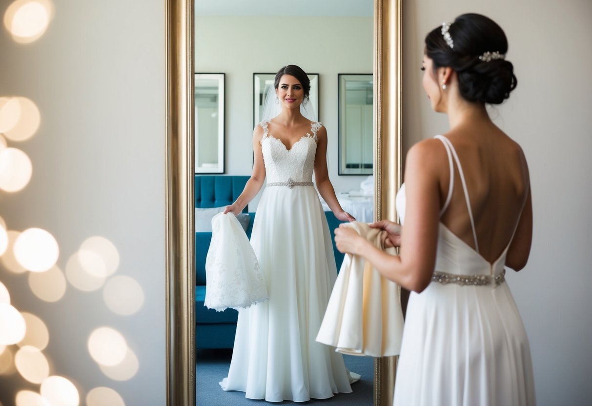 A bride standing in front of a full-length mirror, holding her wedding dress in one hand and a different dress in the other, contemplating a dress change for her wedding day