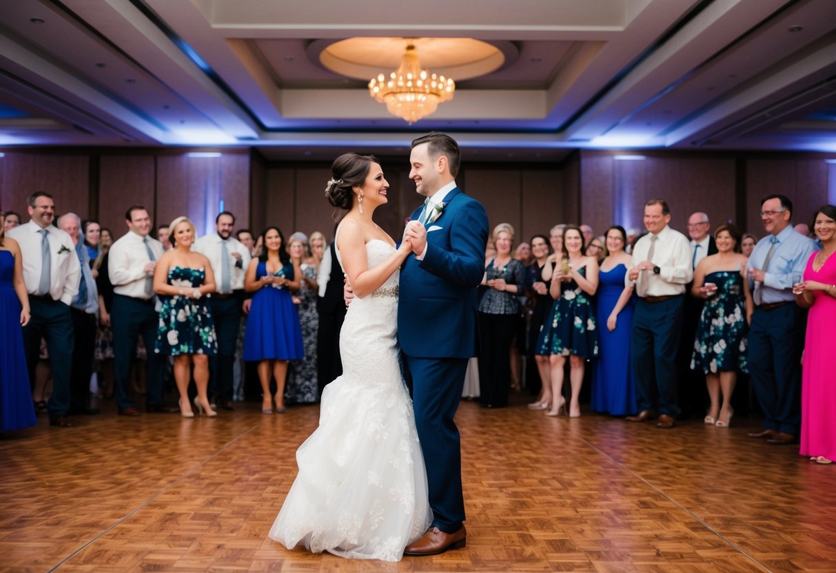 A couple stands in the center of a crowded dance floor, surrounded by onlookers. The bride and groom are poised to share their first dance as husband and wife