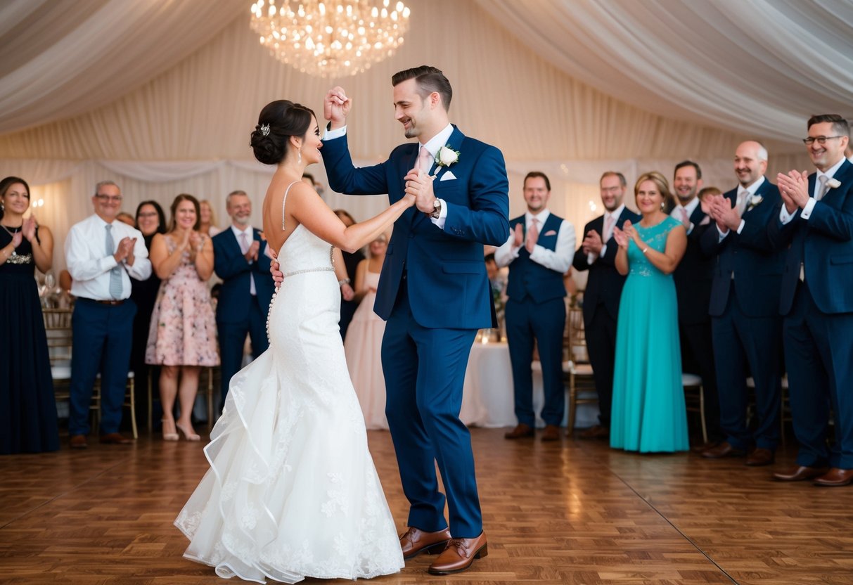 The bride and groom take the floor for their first dance as husband and wife, surrounded by guests watching and clapping