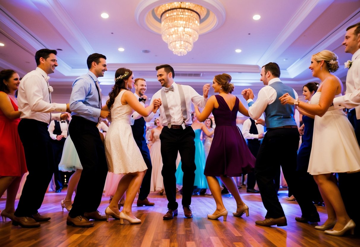 Couples gather around the dance floor, eager to take the first steps. Music fills the air, setting the stage for the lively celebration