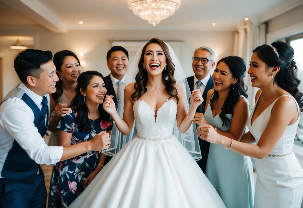A bride surrounded by family and friends, admiring her wedding dress with excitement and joy