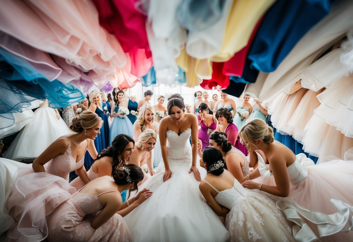 A bride surrounded by a sea of wedding dresses, each one more enchanting than the last, as she struggles to choose the perfect gown for her special day