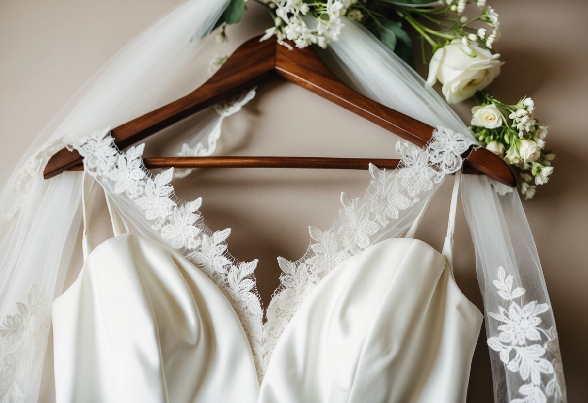 A white wedding dress hanging on a wooden hanger, surrounded by delicate lace veil and floral hair accessories