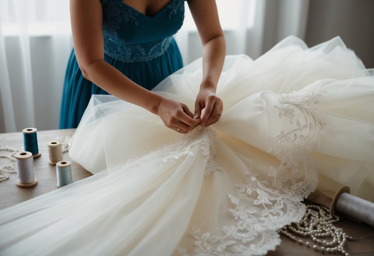 A seamstress carefully hand-sews delicate lace onto a flowing wedding gown, surrounded by spools of silk thread and sparkling beads