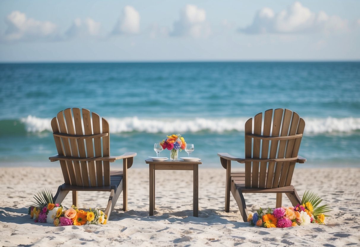 A serene beach setting with two empty chairs facing the ocean, adorned with colorful flowers and a small table set for two