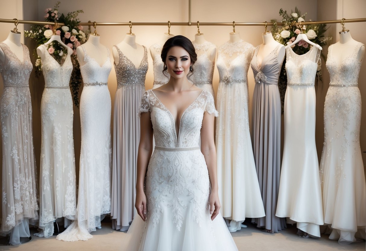 A bride stands in front of a row of elegant wedding dresses, each adorned with intricate lace, beading, and flowing fabrics. The dresses are displayed in a luxurious boutique setting, surrounded by soft lighting and delicate floral arrangements