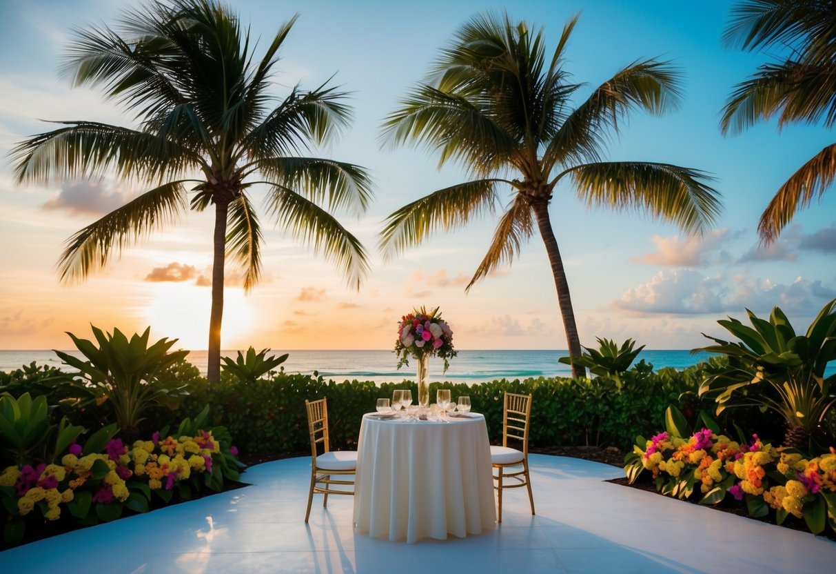 A tropical beach with palm trees and a sunset, with a small table set for a wedding reception, surrounded by lush greenery and colorful flowers