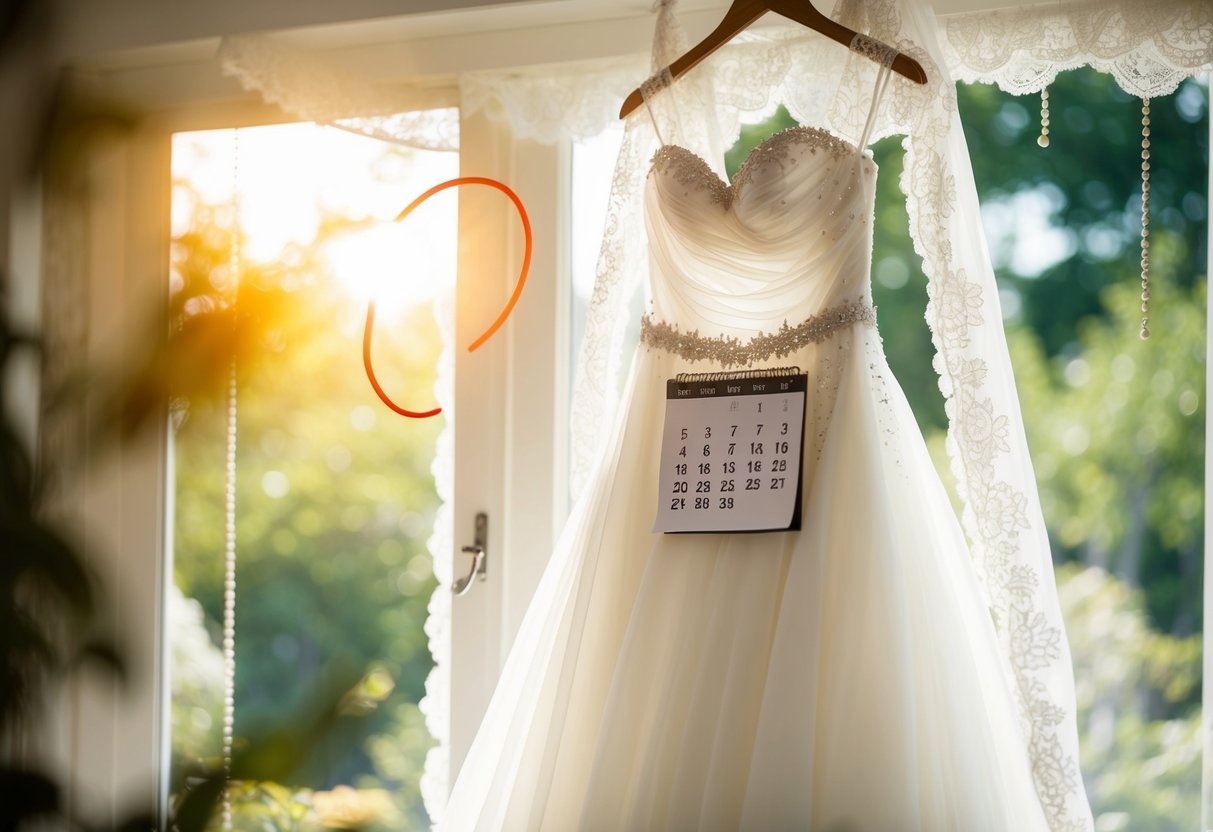 A bridal gown hanging in a sunlit room, surrounded by delicate lace and intricate beading, with a calendar showing the wedding date circled in red