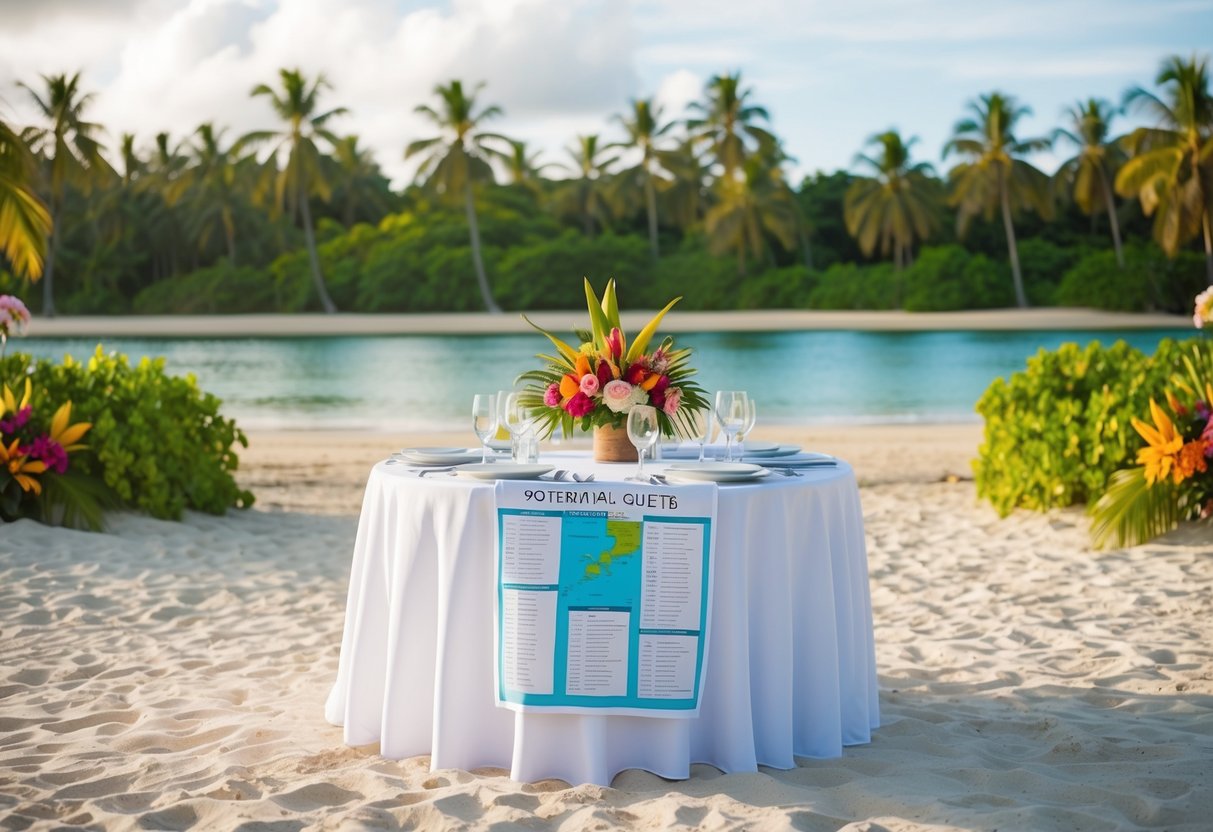 A tropical beach with a table set for a wedding reception, surrounded by lush greenery and colorful flowers. A map and list of potential guests are spread out on the table