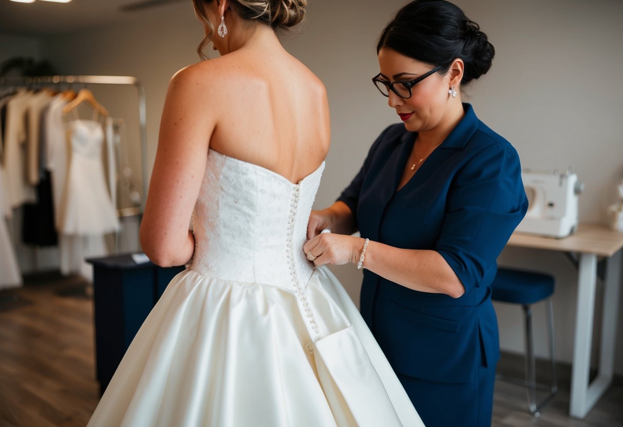 A bride's dress being tailored and fitted by a seamstress