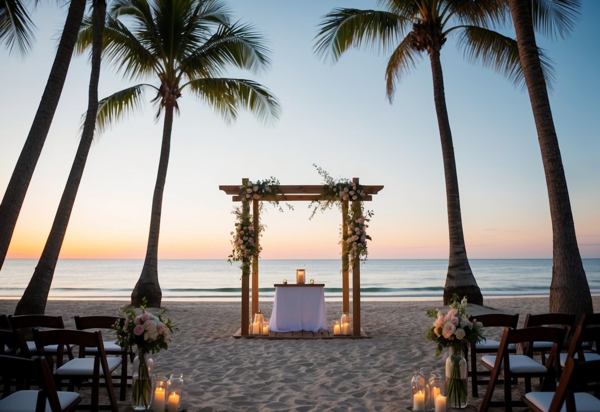 A serene beach at sunset, with a simple wooden altar adorned with flowers and surrounded by palm trees