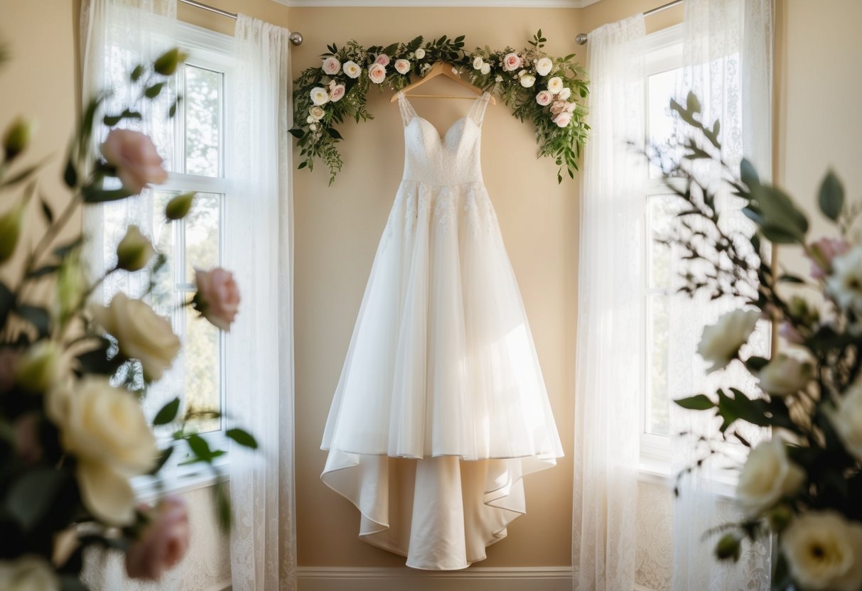 A wedding dress hanging in a sunlit room, surrounded by lace curtains and delicate floral arrangements