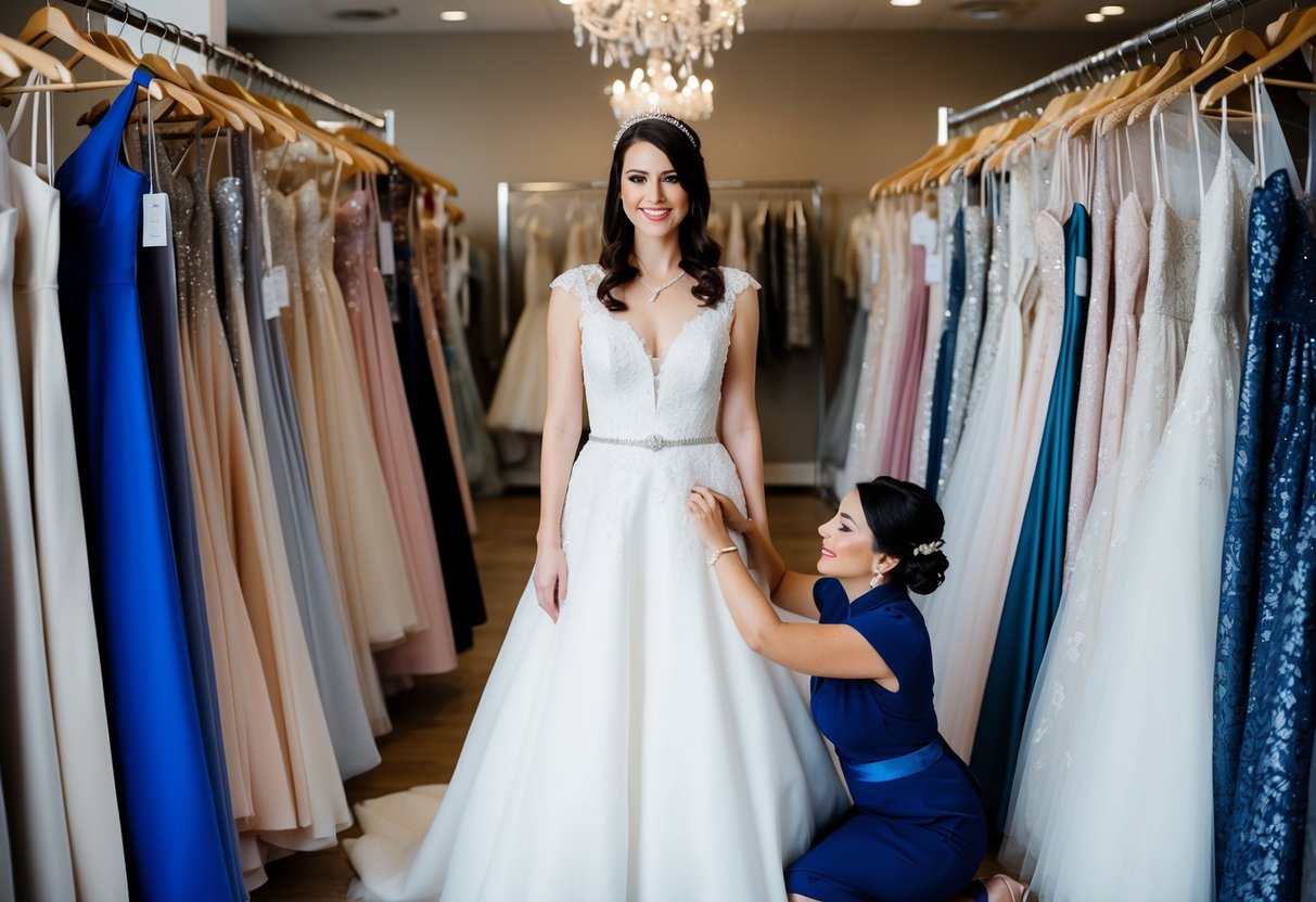 A bride standing in a bridal boutique, surrounded by racks of wedding dresses, as a seamstress makes final adjustments to her gown