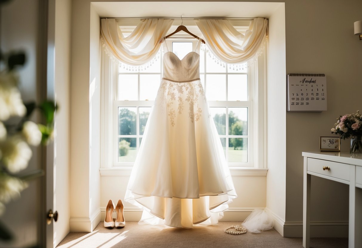 A bride's dress hanging in a sunlit room, surrounded by bridal accessories like shoes, jewelry, and a veil, with a calendar showing the wedding date