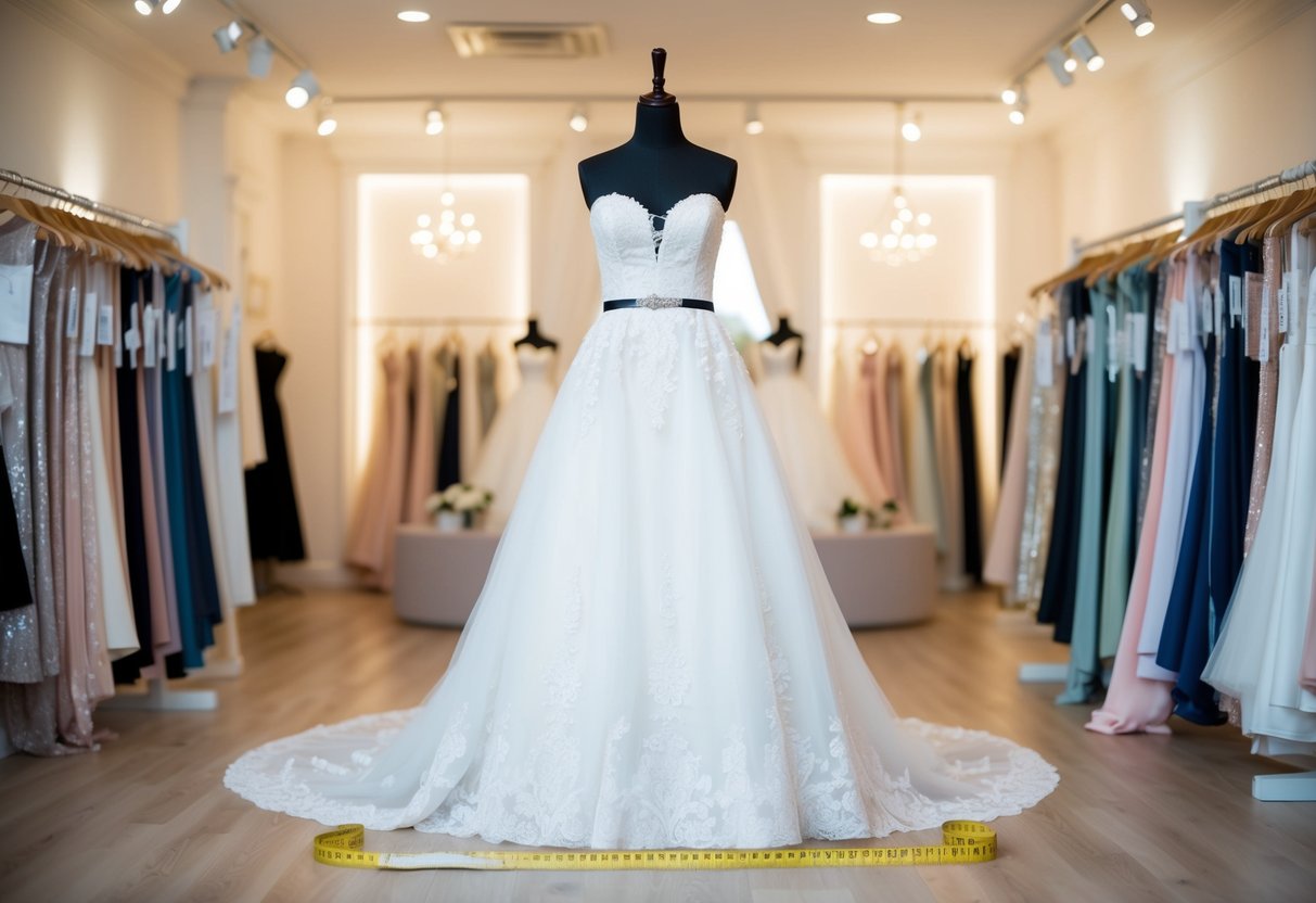 A bridal gown displayed on a mannequin, surrounded by measuring tape and fabric swatches, in a bright and elegant boutique setting