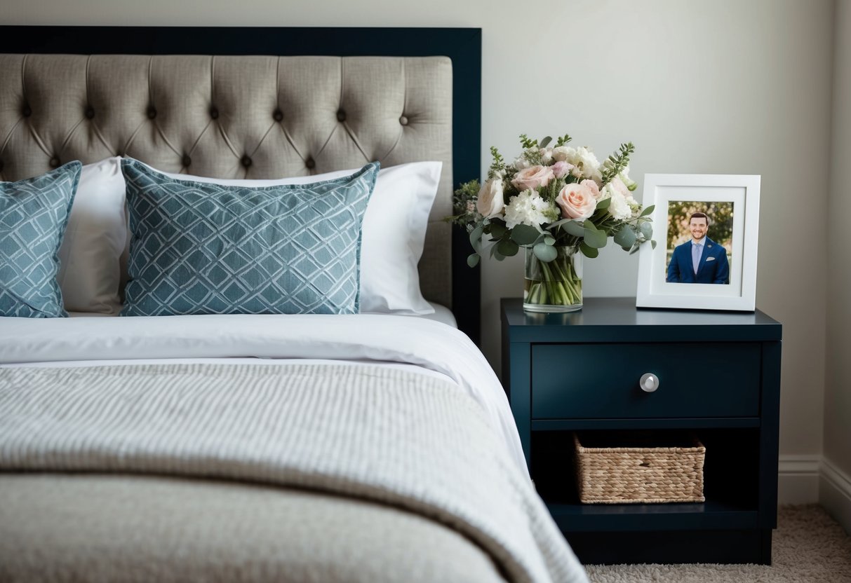 A cozy bedroom with a neatly made bed and a nightstand with a bouquet of flowers and a framed photo