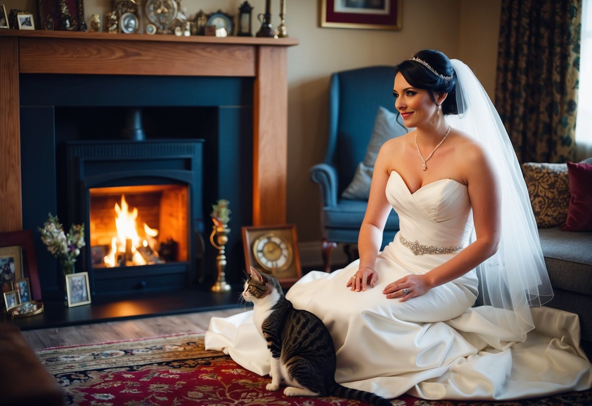 A bride sits by the fire, surrounded by family heirlooms and good luck charms. A cat purrs at her feet as she prepares for the big day