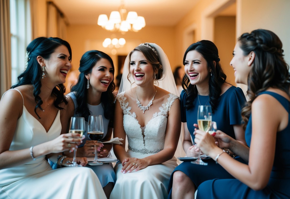 The bride sits surrounded by her closest friends, chatting and laughing as they plan the evening before the wedding