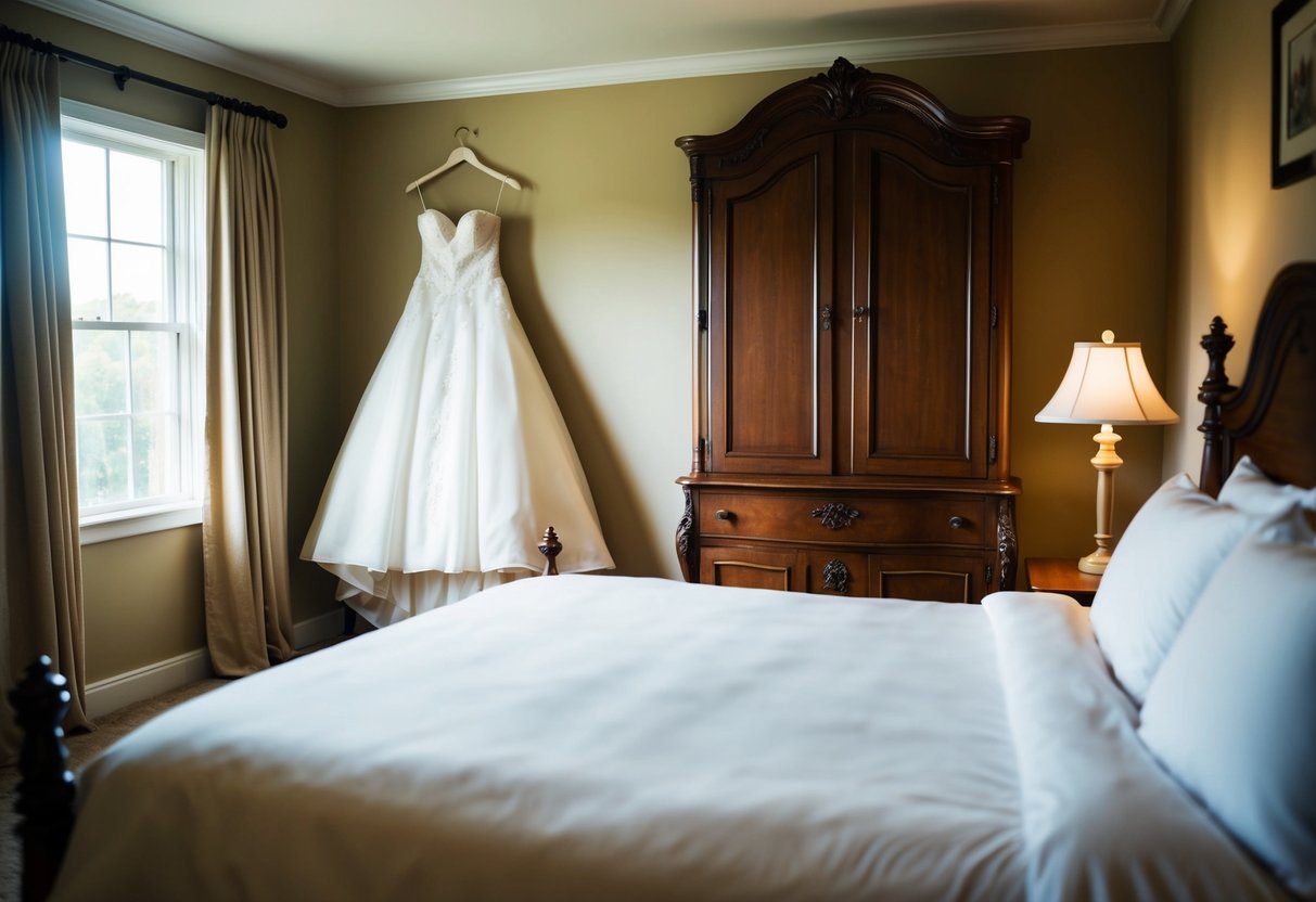 A cozy bedroom with a king-sized bed and elegant bridal gown hanging on a vintage wooden armoire. A soft glow from the bedside lamp illuminates the room