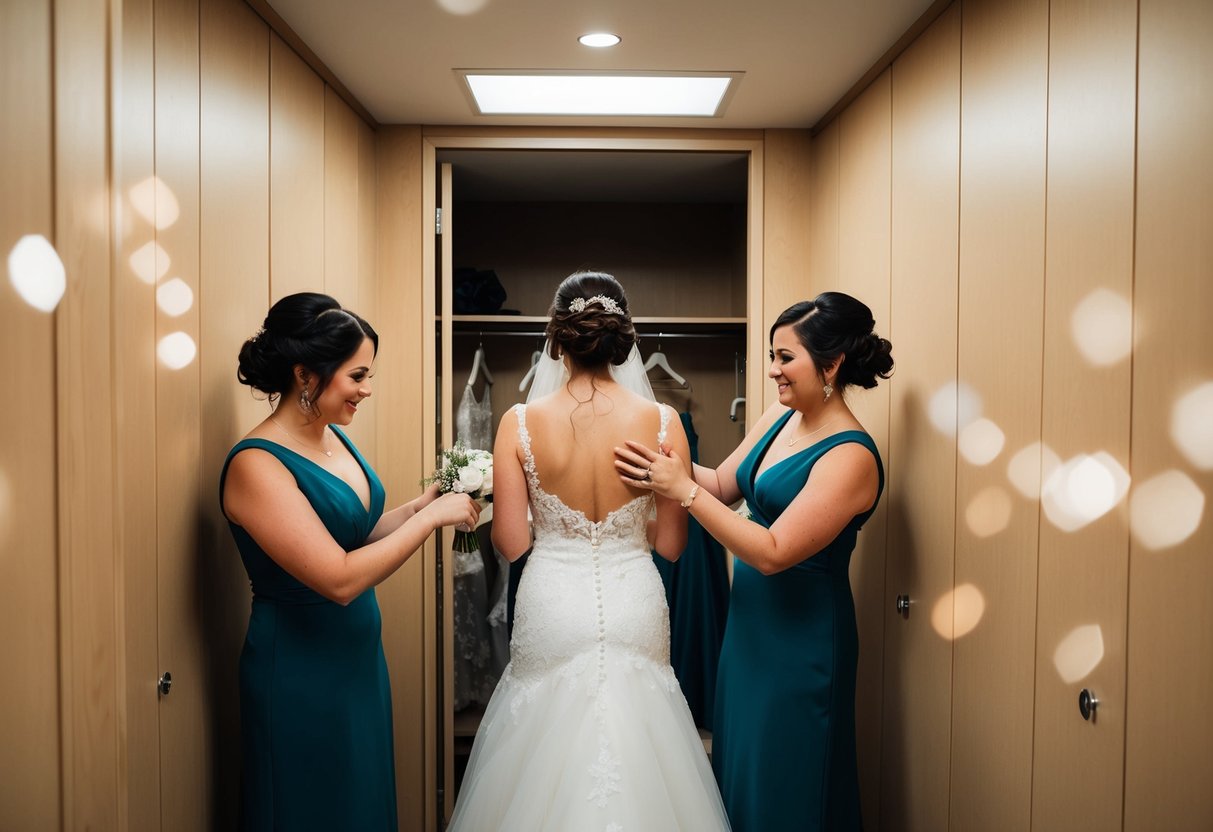 Brides swapping wedding gown for reception attire in a secluded dressing area