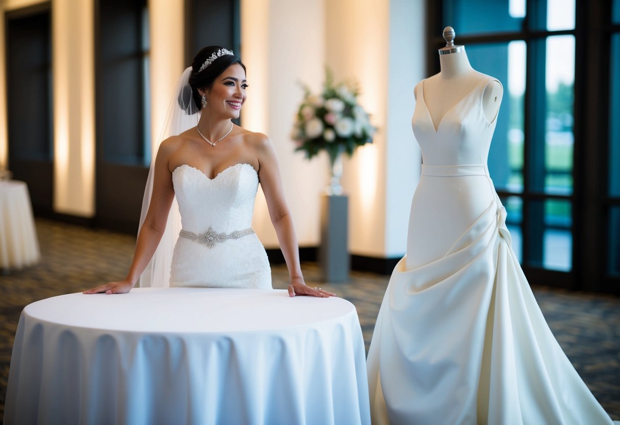 A bride in a traditional white wedding gown stands beside a table with a sleek, modern reception dress draped over it