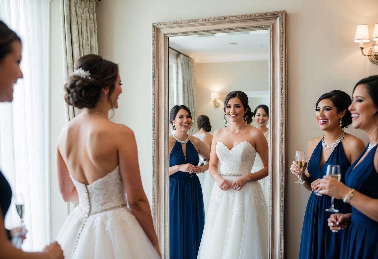 A bride stands in front of a mirror, swapping her elegant wedding gown for a fun and flirty reception dress. The room is filled with excitement and anticipation for the celebration to come