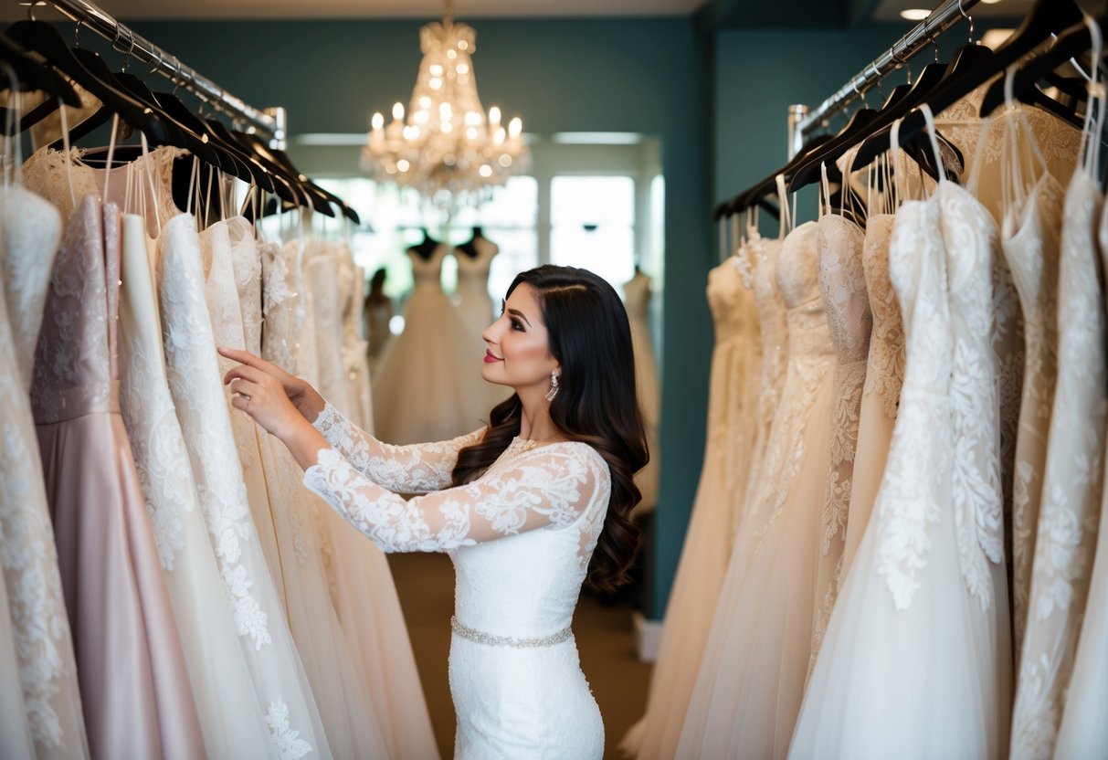 A woman browsing through racks of wedding dresses in a boutique, admiring the intricate lace and flowing silhouettes
